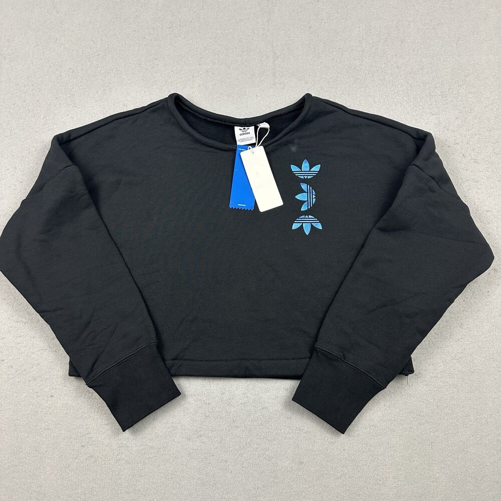 Adidas Sweatshirt Women Small Black Large Logo Essential Crewneck Crop Pullover